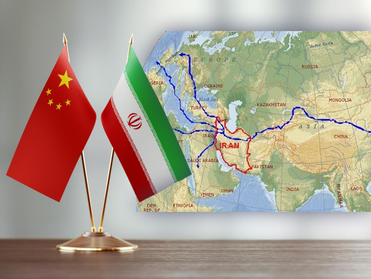 Iran and China Flags with Economic Corridor Map